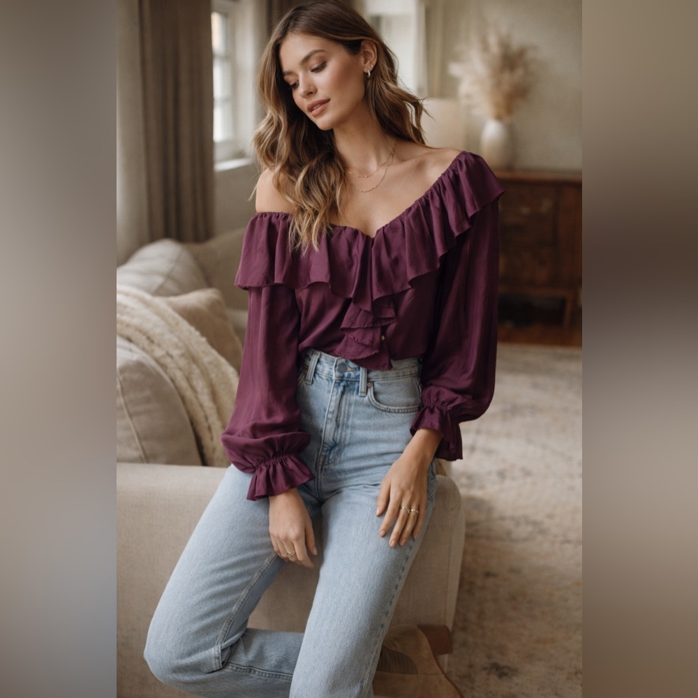 100% Silk Ruffle Peasant Blouse| Jonathan Martin NWT | Vintage Boho Plum Top Med